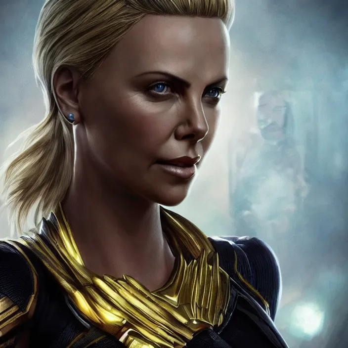 Image similar to portrait of (Charlize Theron), wearing The Infinity Gauntlet. intricate artwork. high detail, HD, octane render, trending on artstation, very coherent symmetrical artwork. avengers. thanos. cinematic, hyper realism, high detail, octane render, 8k, iridescent accents