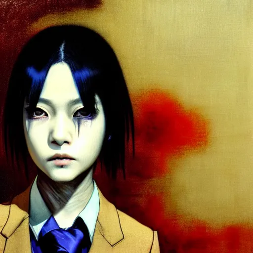 Prompt: yoshitaka amano blurred and dreamy realistic three quarter angle horror portrait of a sinister young woman with short hair, and red eyes wearing a lot of jewellery and office suit with tie, junji ito abstract patterns in the background, satoshi kon anime, noisy film grain effect, highly detailed, renaissance oil painting, weird portrait angle, blurred lost edges