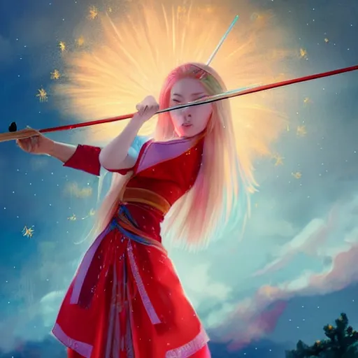 Image similar to colorful and festive captivating teenager girl with blonde hair, red japanese traditional clothes, shooting a firework with bow and arrow at the sky. rich vivid colors, ambient lighting, dynamic lighting, 4 k, atmospheric lighting, painted, intricate, highly detailed by charlie bowater