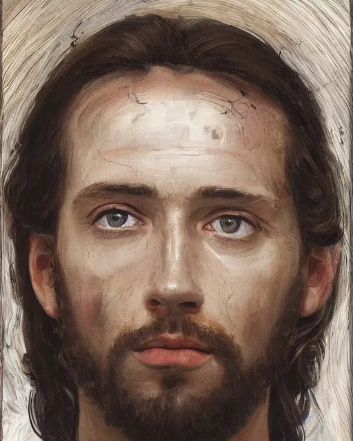 Image similar to a close up portrait of jesus, low angle, facing front, looking up, by Lucian Freud and Jenny Saville, oil painting, anatomically correct, beautiful perfect face, visible brushstrokes, sharp focus, Highly Detailed, Cinematic Lighting, 8k, HD