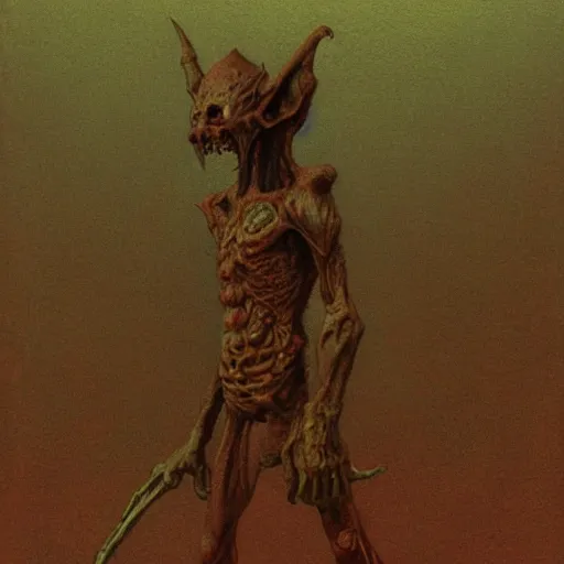 Image similar to goblin concept art, full body, beksinski