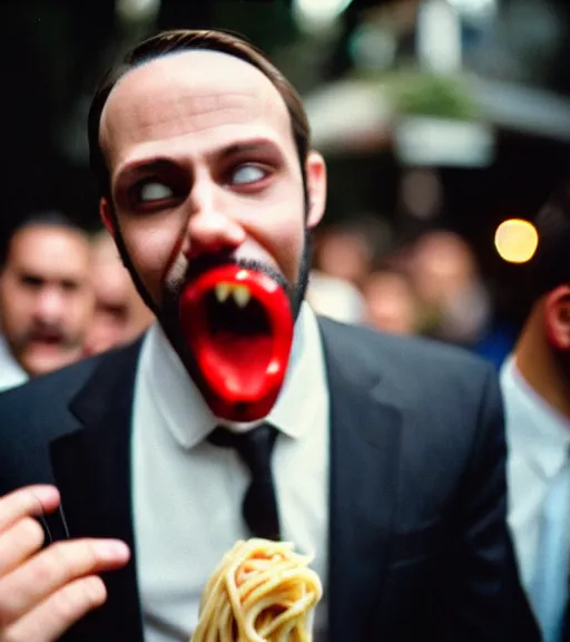 Image similar to man in a suit with spaghetti face screaming in a crowd in san - francisco, film photography, direct flash, kodak portra 4 0 0,