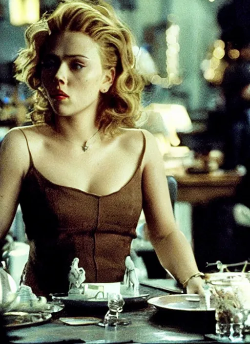 Prompt: movie still of a scarlett johannson with a very big bust sitting at a table in goodfellas, directed by martin scorsese