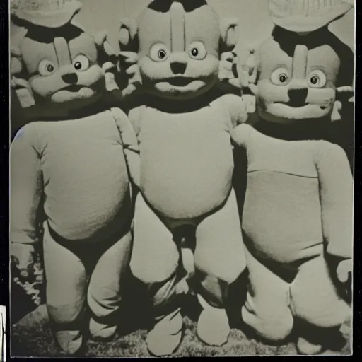 Prompt: creepy retro photograph of the teletubbies