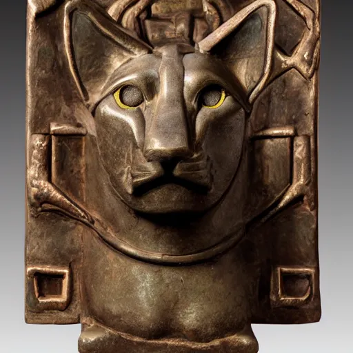 Image similar to masterpiece ancient bronze sculpture of a mechanical cat head, by annie swynnerton and diego rivera and nicholas roerich and jean delville and charlie bowater, symbolist, dramatic lighting, god rays, elaborate geometric ornament, art brut, rich colors, smooth sharp focus, extremely detailed, adolf wolfli and ( donato giancola and bilibin )