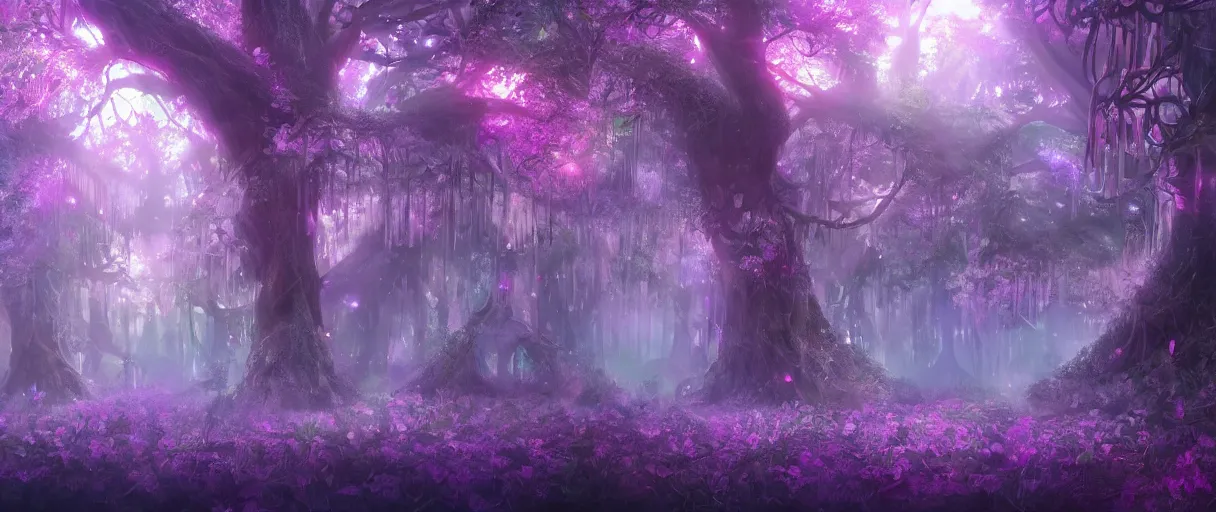 Image similar to a digital painting of a magical fantasy forest, large magical trees, magical flowers, hanging lanterns, godrays, mystical, evening, concept art, trending on artstation, matte painting, high detail, high quality, pink/purple/green colour scheme