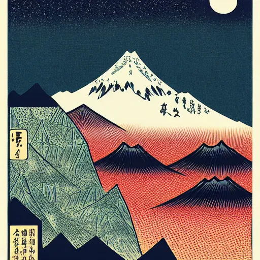 Prompt: a picture of a mountain range with trees and mountains in the background, poster art by buckminster fuller, unsplash, ukiyo - e, ukiyo - e, 1 9 2 0 s, woodcut - n 6