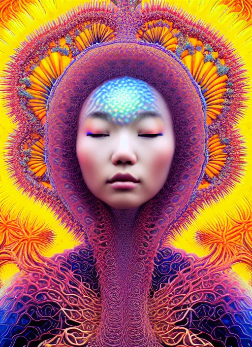Prompt: ridiculously beautiful young asian woman tripping, coral fractals radiating from head with sacred geometry, natural, awakening, symmetrical, in the style of ernst haeckel, effervescent, warm, photo realistic, epic and cinematic,