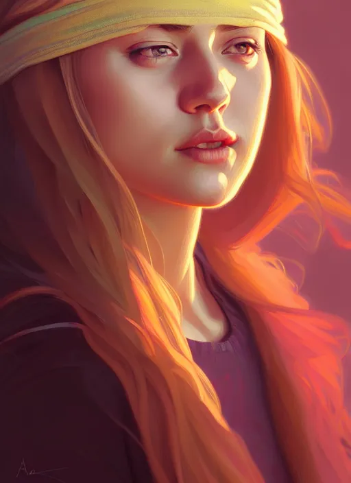 Image similar to blindfolded handsome young women with shoulder length blonde hair, half body shot, path traced, highly detailed, high quality, digital painting, alena aenami, lilia alvarado, shinji aramaki, karol bak, alphonse mucha, tom bagshaw