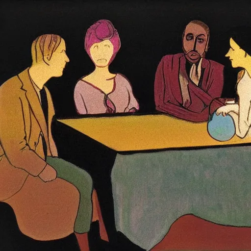 Image similar to The art installation depicts two people, a man and a woman, sitting at a table. The man is looking at the woman with a facial expression that indicates he is interested in her. The woman is looking at the man with a facial expression that indicates she is not interested in him. There is a lamp on the table between them. black velvet by Dorothy Lathrop subtle