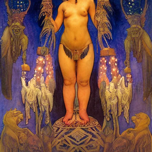Prompt: coronation of the dawn with her lantern, by Annie Swynnerton and Nicholas Roerich and Diego Rivera, bioluminescent skin, feather tattoos, elaborate costume, geometric ornament, symbolist, soft colors, smooth, sharp focus, extremely detailed