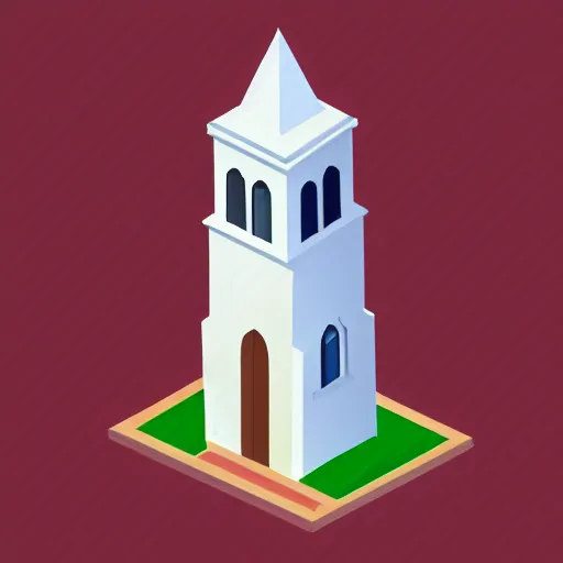 Image similar to isometric view of a church, steeple, geometric isometric perspective