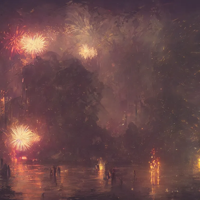 Image similar to firework festival at night, greg rutkowski, krenzcushart, nier automata enviroment concept art, makoto shinkai, alphonse mucha