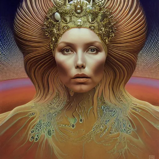 Image similar to young debbie harry as queen of jupiter by zdzisław beksinski, zaha hadid and alphonse mucha. highly detailed, hyper - real, beautiful, fractal details, complex