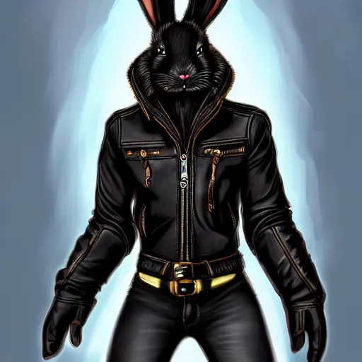 Prompt: An anthro bunny with a small head wearing a fine intricate leather jacket and leather jeans and leather gloves, trending on FurAffinity, energetic, dynamic, digital art, highly detailed, FurAffinity, high quality, digital fantasy art, FurAffinity, favorite, character art