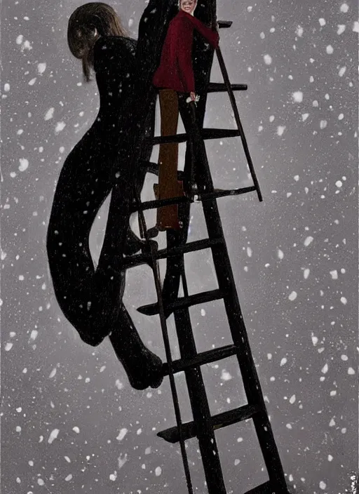 Image similar to woman in black suite climbing ladder to the hole in the sky, snowing night by Edward Hopper and James Gilleard, Zdzislaw Beksinski, Katsuhuro Otomo highly detailed