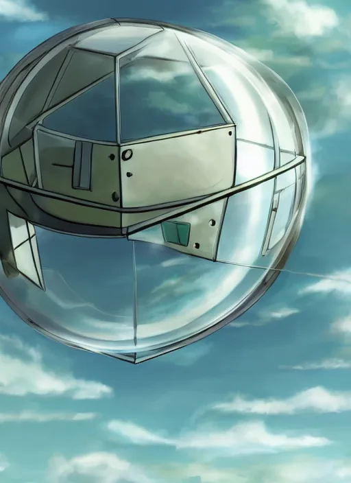 Prompt: an asymmetrical cell - shaded studio ghibli concept art study of a metal cube inside a transparent bubble in the sky. wide shot, very dull colors, hd, 4 k, hq