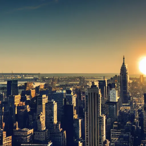 Image similar to new york city and an eclipse in the background, cinematic, realistic