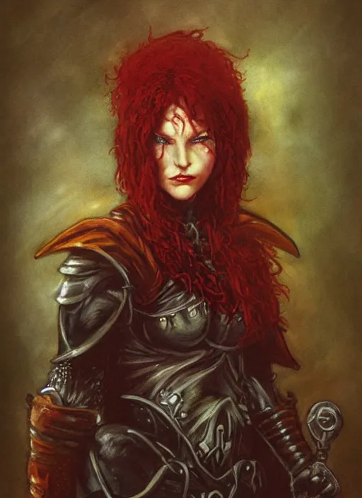 Image similar to portrait of strong female rogue, beautiful! coherent! dungeons and dragons character, by brian froud, strong line, night color, leather armor, short red hair, high contrast