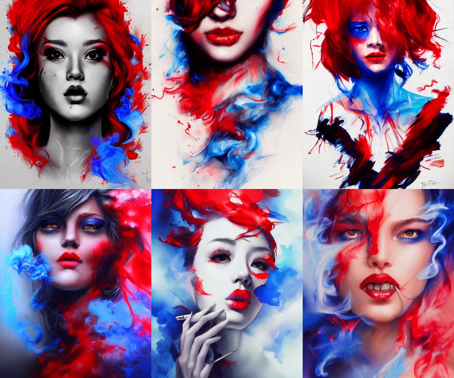 Prompt: red blue ink smoke portrait, by ross tran and artgerm