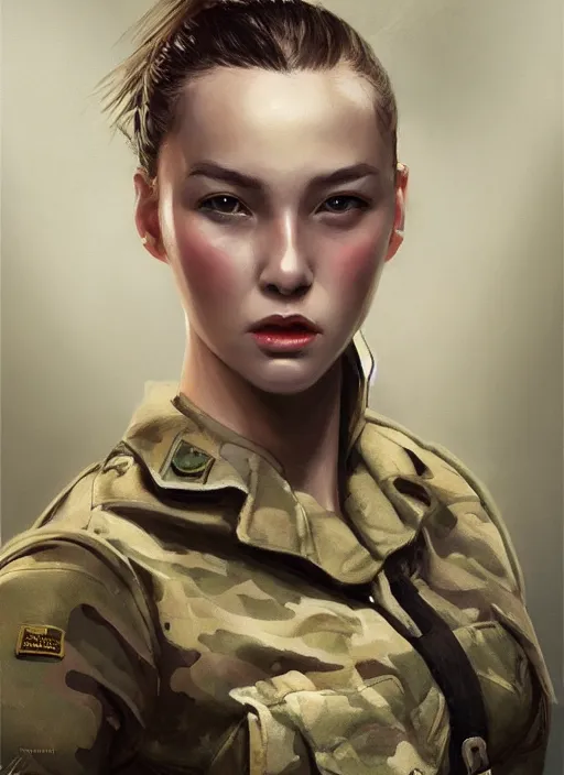 Image similar to female soldier portrait painting by WLOP, game, expensive dress, highly detailed, harper's bazaar, vogue, magazine, fashion, concept art, ornate, luxury, elite, elegant, trending on artstation ,