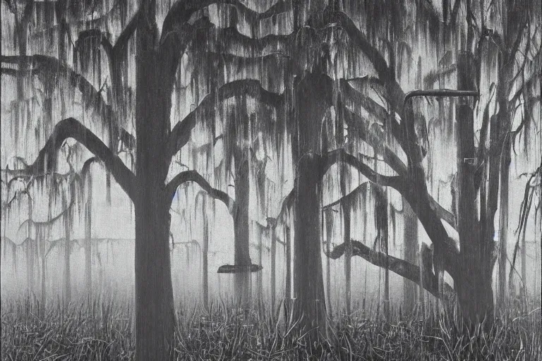 Image similar to scene from louisiana swamps, airboat, neon farm, big oak, pentagram, boy scout troop, voodoo artwork by tim eitel