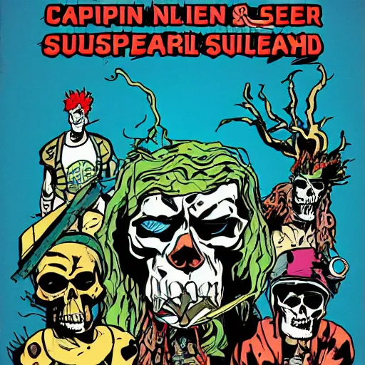 Prompt: Captain Planet, skull head, post-apocalypse, grunge, 80's cartoon