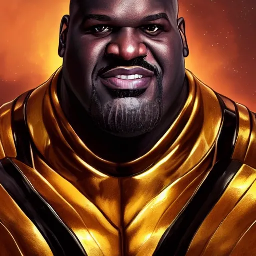 Image similar to portrait of Shaquille O\'Neal as Thanos, elegant, intricate, headshot, highly detailed, digital painting, artstation, concept art, sharp focus, illustration, art by artgerm and greg rutkowski and alphonse mucha