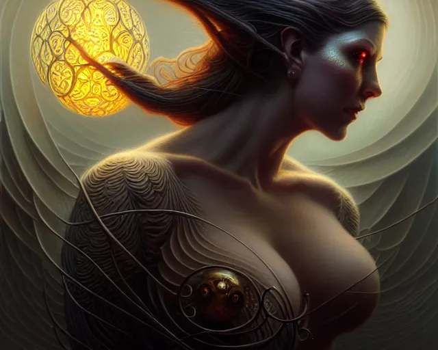 Image similar to mid angle shot of a beautiful female creature by HP lovecraft , glowing eyes , intricate, elegant, highly detailed, centered, digital painting, artstation, concept art, smooth, sharp focus, illustration, artgerm, Tomasz Alen Kopera, Peter Mohrbacher donato giancola, Joseph Christian Leyendecker, WLOP, Boris Vallejo ,