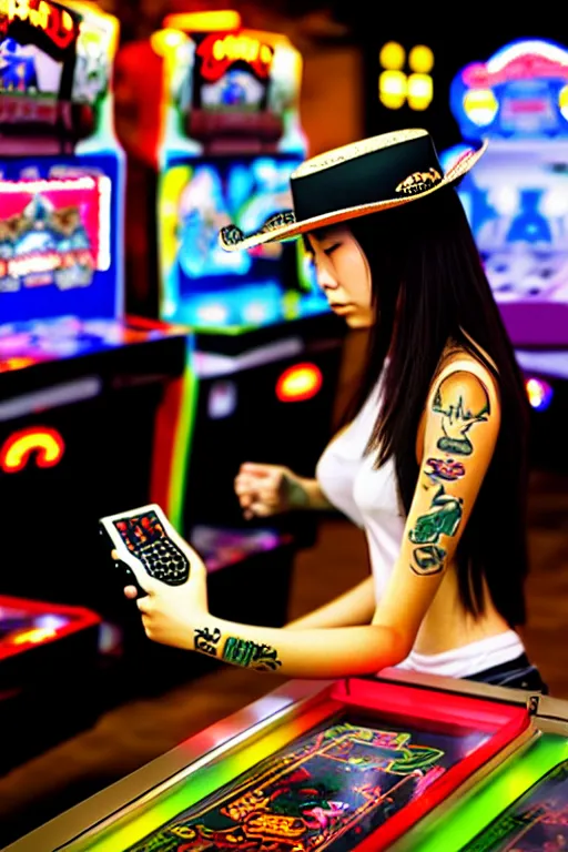 Image similar to full view, from a distance, of taiwanese girl with tattoos, wearing a cowboy hat, playing video games in arcade, highly detailed