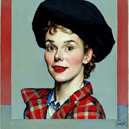 Prompt: portrait of a woman wearing a plaid blazer and red beret, by norman rockwell.