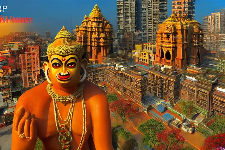 Image similar to high quality 3 d dreamscape! mumbai with biomorphic hanuman!! head building, kalighat, unreal engine hyperrealistic cinematic smooth, stephen shore & john j. park, soft morning light, wide shot, high angle, uhd 8 k, deep focus