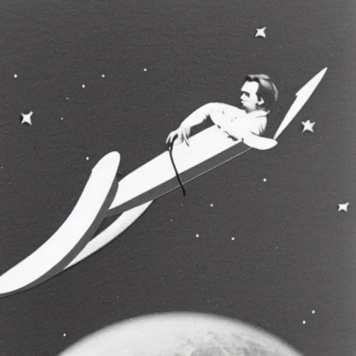 Prompt: carl sagan surfing on a rocket in outer space.