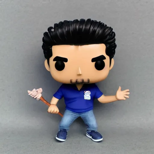 Prompt: a 30 year old skinny Latino programmer guy, with and thick straight brush up black hair on top, short on sides, in a dark green polo shirt, blue jeans and grey sneakers funko pop close up highly detailed photo