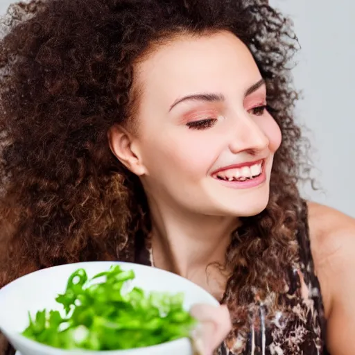 Image similar to close up headshot of a happy woman eating salad, stock photograph, studio lighting, 4k, beautiful symmetric face, beautiful gazing eyes