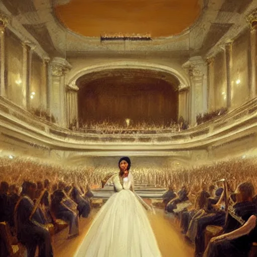 Image similar to painting by greg rutkowski, interior of an opera house with a singer in a white dress on a lighted stage with an orchestra and audience in the hall