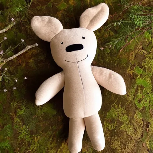 Image similar to a happy dear plush doll with forest background