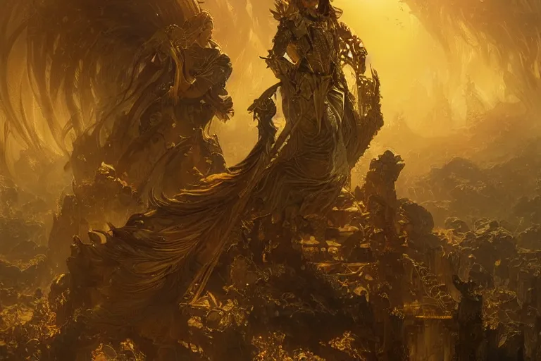 Prompt: and the warrior king sat upon his throne of gold, his enemies dead at his feet, fog, volumetric lighting, intricate, elegant, highly detailed, digital painting, artstation, concept art, smooth, sharp focus, art nouveau, art by artgerm and greg rutkowski and alphonse mucha