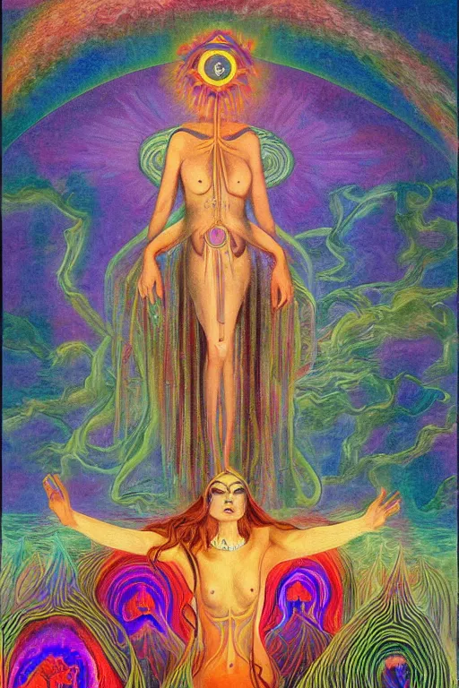 Prompt: mystic cult girl performing psychedelic third eye ritual, expanding energy into waves into the ethos, epic surrealism 8k oil painting, high definition, post modernist layering, by Ernst Fuchs, John Howe