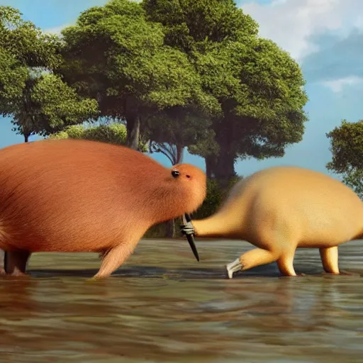 Prompt: capybaras vs emus, concept art, hyper realistic, beautiful, cinematography, 4k