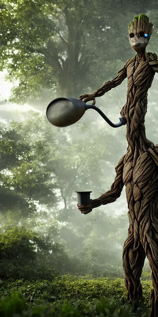 Image similar to photorealistic wide shot of Groot waters himself with a watering can, octane render, unreal engine 4k, volumetric light, fog, detailed