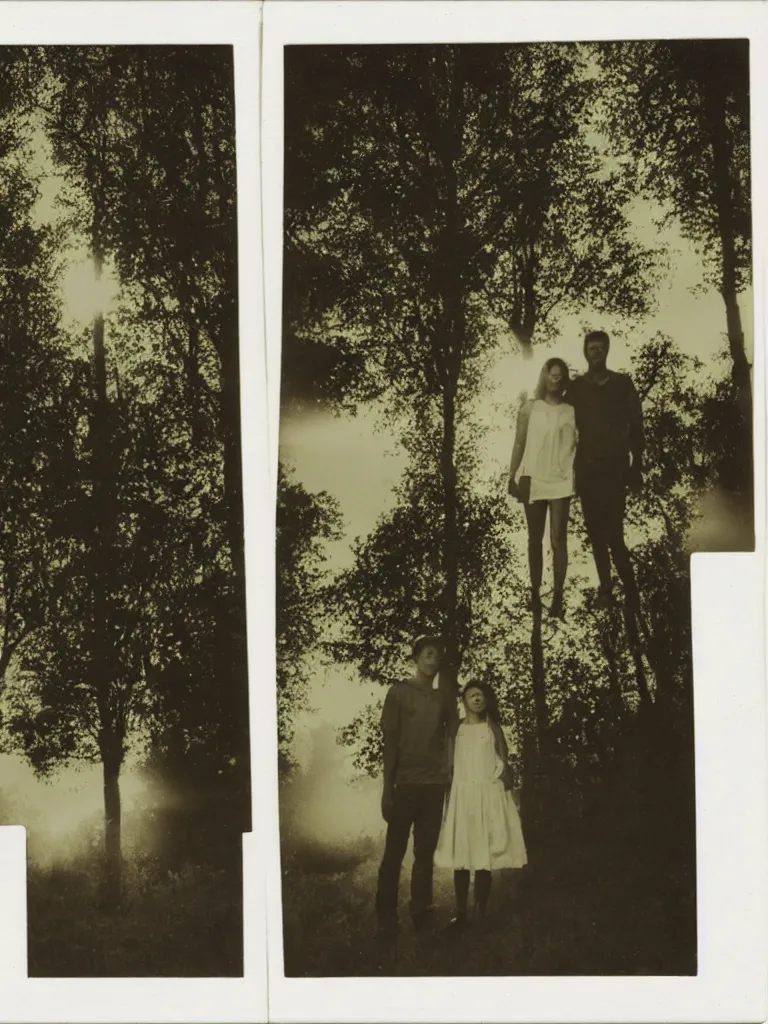 Image similar to a boy and a girl posing for a picture, a strong light behind them, at night, some trees in the background, old polaroid