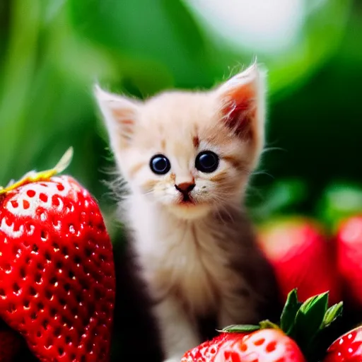 Image similar to macro shot photograph of an extremely tiny baby kitten on top of a strawberry that is bigger than it