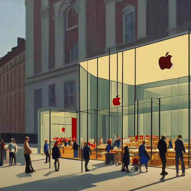 Image similar to apple store opening day in London, painted by Edward Hopper, painted by James Gilleard, airbrush