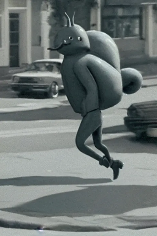 Image similar to still from vhs!! footage of snail!! cryptid walking down street