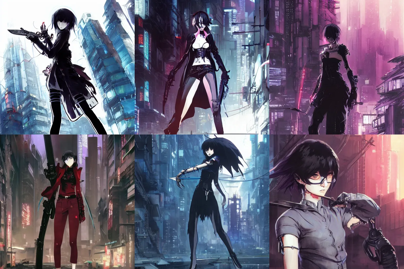 Prompt: concept art of a vampire girl with round glasses, holding a knife, in a futuristic cyberpunk city, drawn by akihiko yoshida and tsutomu nihei and makoto shinkai and wadim kashin and john berkey and yoji shinkawa