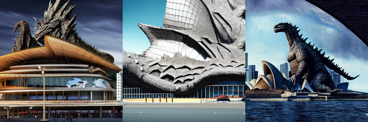 Prompt: godzilla ruins futuristic sidney opera house, photorealistic, insanely detailed, daylight, 8 k