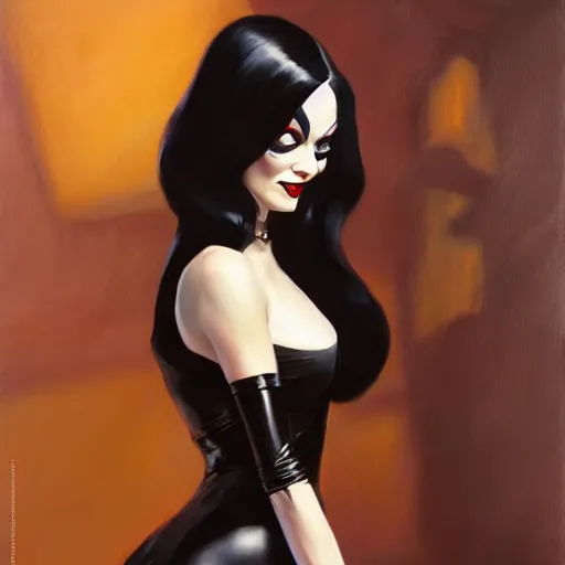 Image similar to greg manchess portrait painting of morticia from addams family as overwatch character, medium shot, asymmetrical, profile picture, organic painting, sunny day, matte painting, bold shapes, hard edges, street art, trending on artstation, by huang guangjian and gil elvgren and greg rutkowski