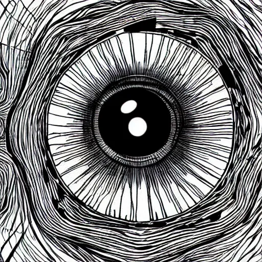 Image similar to a gigantic eye hovers over a forest, it looks down on you. pov shot, you are standing right below the eye and look up. Photorealistic, hyper complex detail. Illustration, pen and ink.