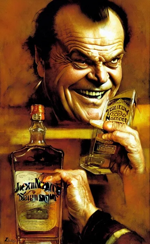 Image similar to illustration of jack nicholson inside a bottle of whiskey, by norman rockwell, roberto ferri, daniel gerhartz, edd cartier, jack kirby, howard brown, ruan jia, tom lovell, jacob collins, dean cornwell